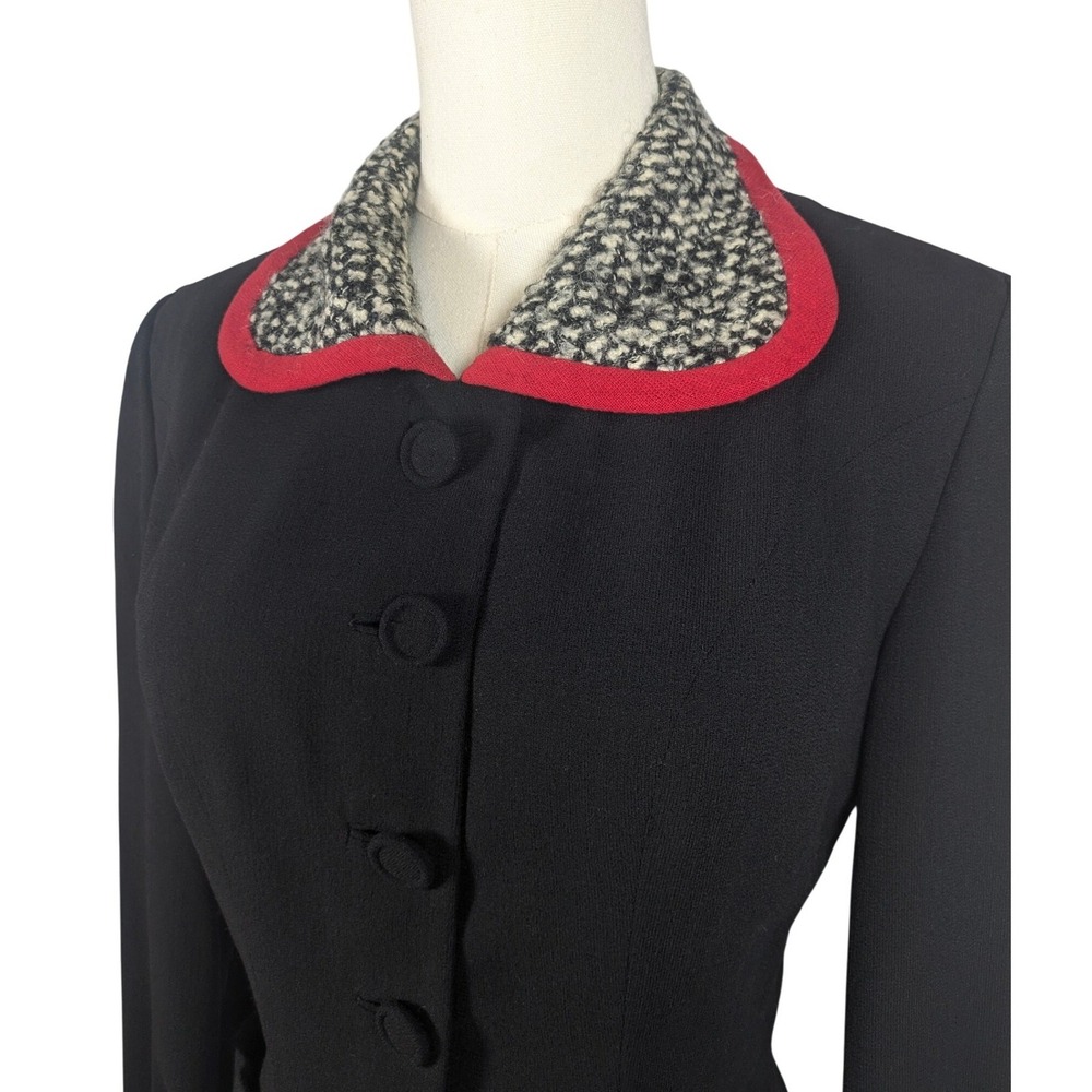 Vintage 1940s Red Trim Tweed Wool Blazer Fitted Nipped Waist Jacket - Picture 2 of 6